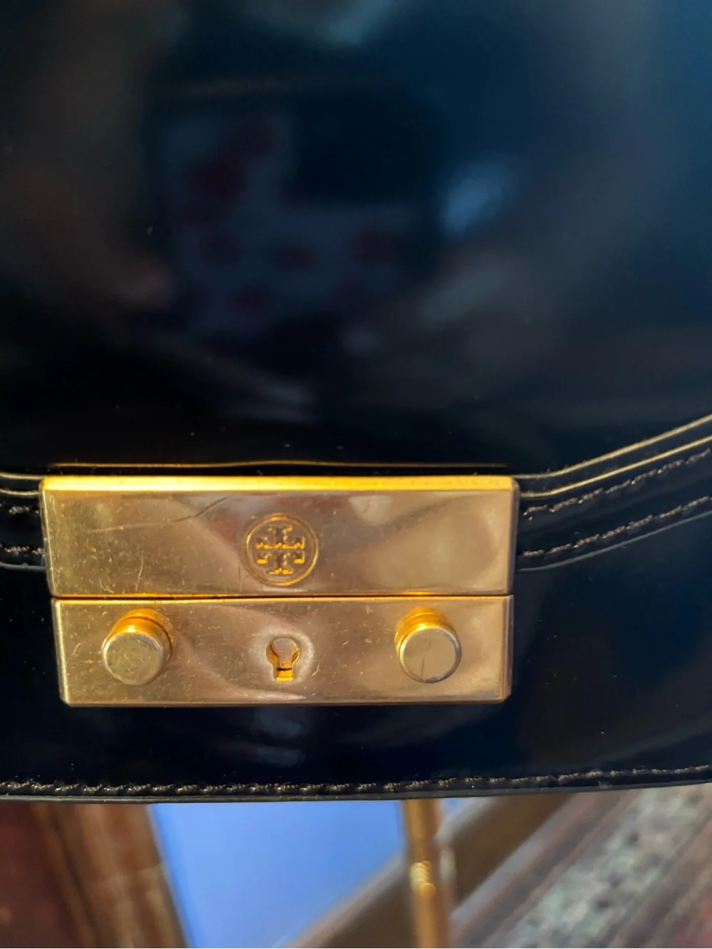 Tory Burch mini Juliette Black Patent Leather Crossbody Bag with Gold Hardware